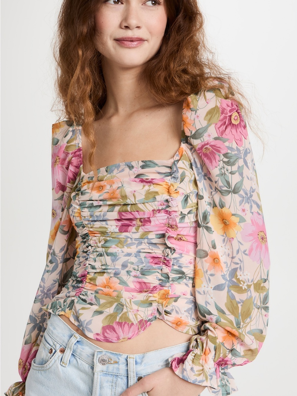 ASTR The Label Floral Ruched Long-Sleeve Tonina Top Cream, Pink & Yellow Size M